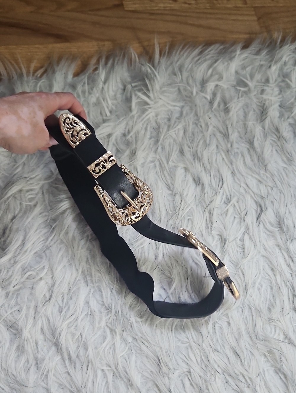 Black Women's Belt with Ornate Gold Buckle